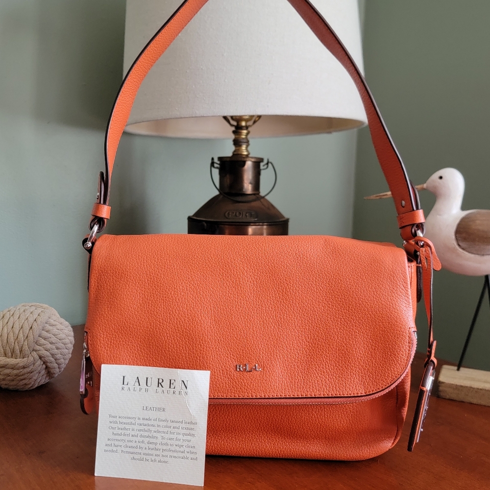 Lauren Ralph Lauren Harrington Pebbled Leather Flap Shoulder Bag Orange